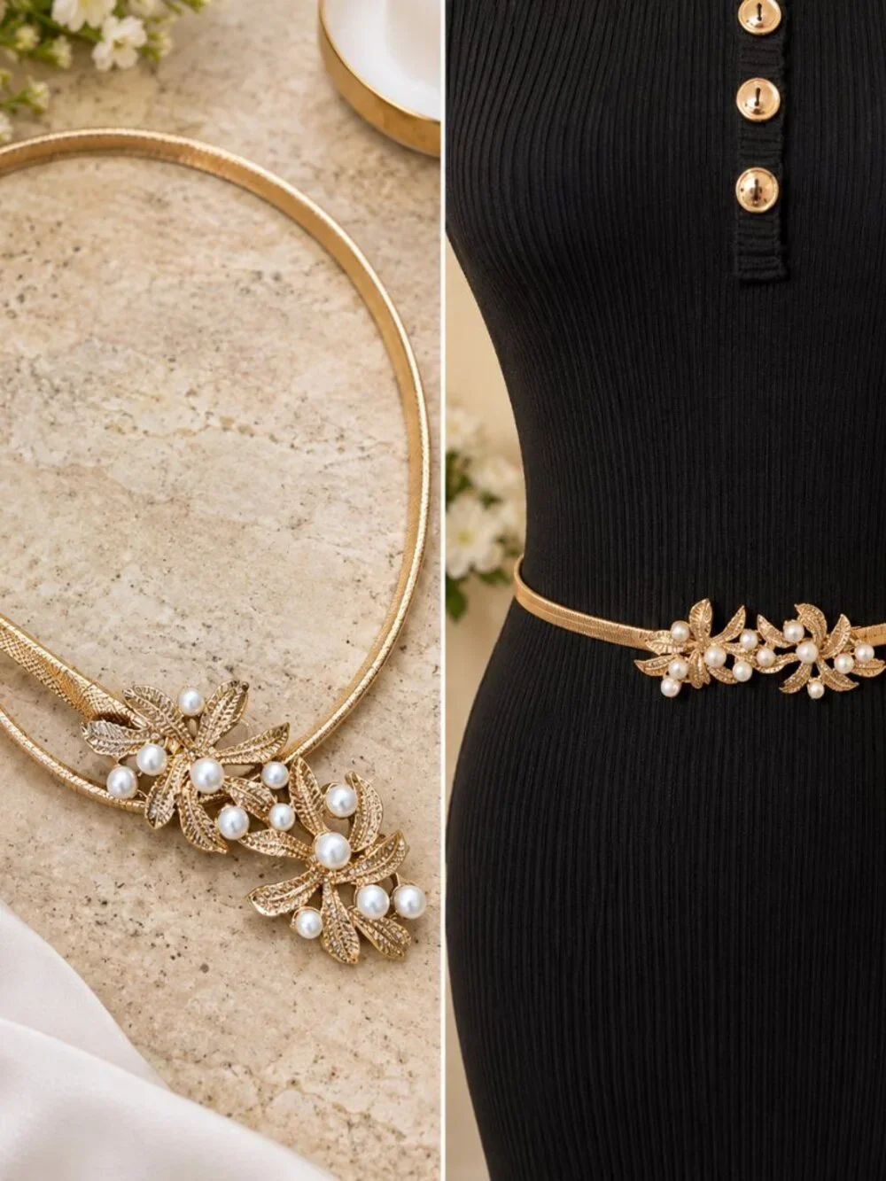 Gold Stretch Belt – 1980s Inspired Faux Pearl Beaded Buckle